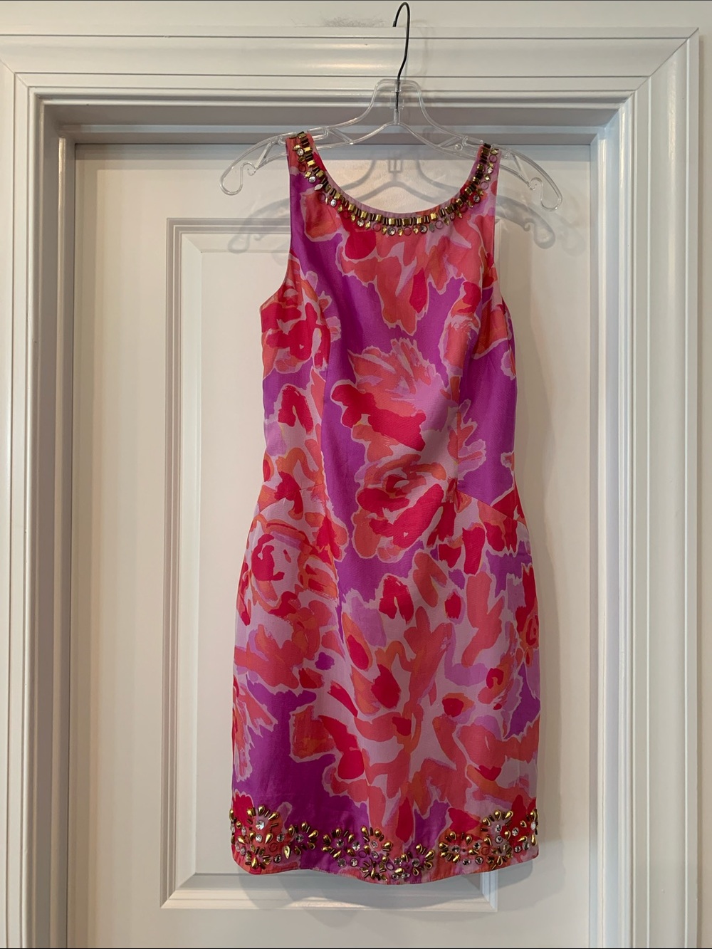 Lilly Pulitzer dress silk Pink & Purple Beaded Floral Sheath Dress 2 lined